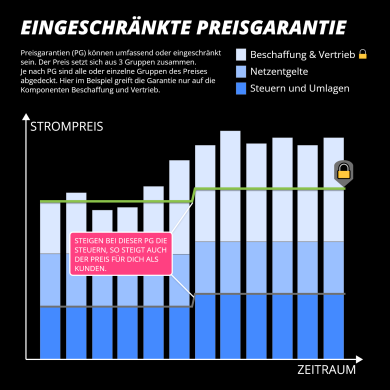 Eingeschränkte Preisgarantie Ein Diagramm zeigt über 12 Persioden den Verlauf des Strompreises und erklärt anhand einer unveränderten Linie die Auswirkungen einer Preisgarantie.