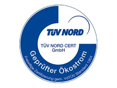 Prüfsiegel des TÜV Nord für geprüften Ökostrom