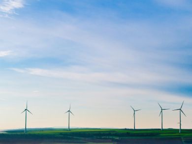 Mehrere Windkraftwerke erzeugen Strom auf einer Wiese vor einem blauen und leicht wolkigem Himmel