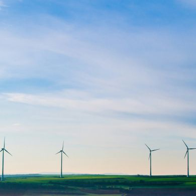 Mehrere Windkraftwerke erzeugen Strom auf einer Wiese vor einem blauen und leicht wolkigem Himmel