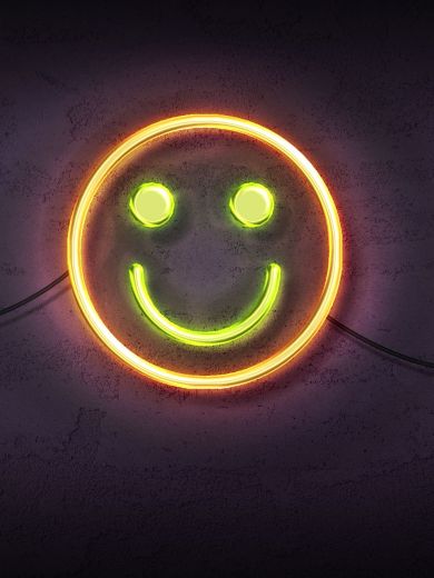 Smiley aus Neonlicht-Röhren in Grün und Orange