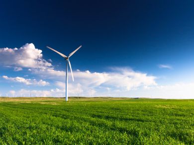 Eine Windkraftanlage auf einer grünen Wiese vor blauem Himmel