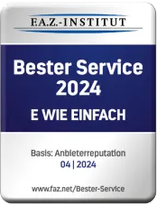 Siegel des FAZ Instituts: E WIE EINFACH bietet den besten Service in 2024 laut Test vom April 2024